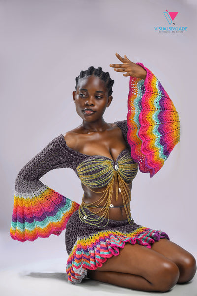 Matt Black 'Damilola' beaded crochet set  (Top and Skort only)