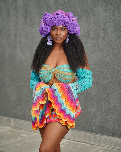 Complete 'Damilola' beaded crochet set  (Top, Skort, Ruffled hat)