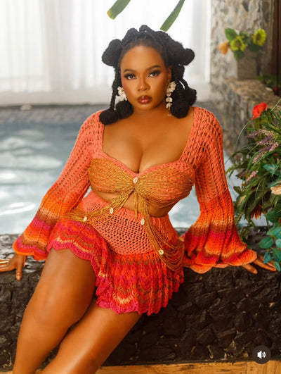 Peachy Sunset 'Damilola' beaded crochet set  (Top and Skort only)
