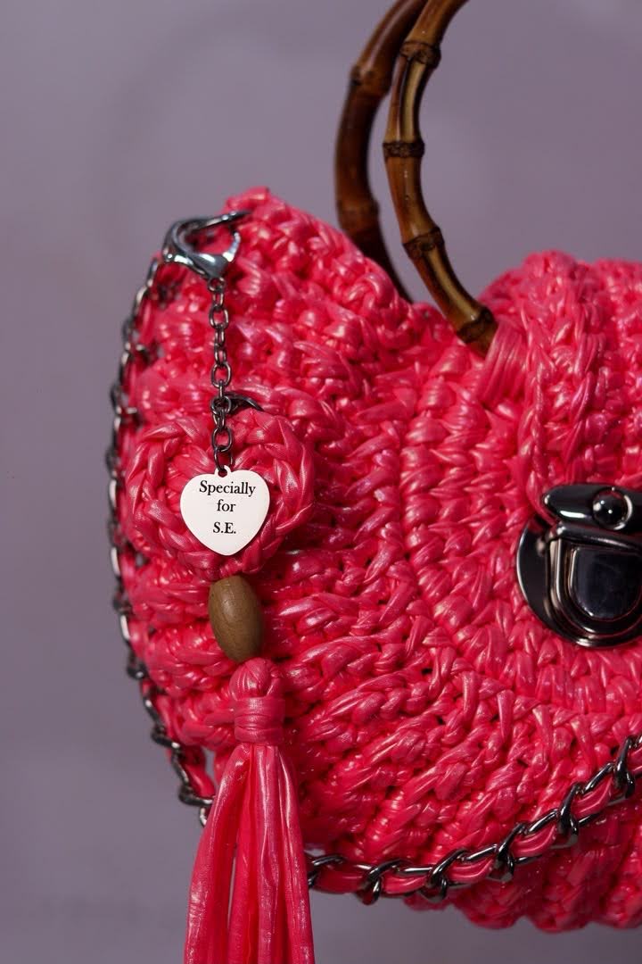 Customized name charm on pink crochet bag - Specially for Enid