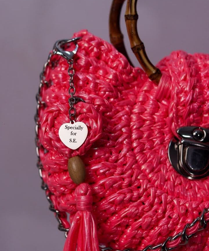 Customized name charm on pink crochet bag - Specially for Enid