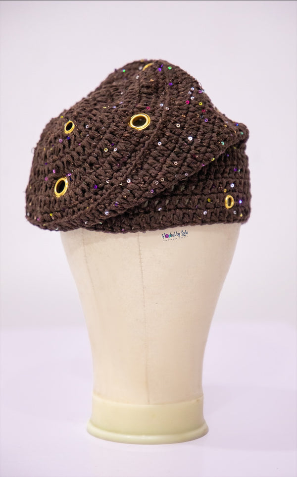 Crochet fìlà headpiece - Chocolate (Embellished with golden eyelets)