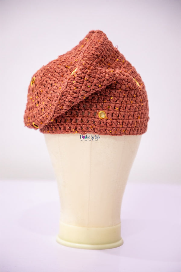Crochet fìlà headpiece - Rust Orange (Embellished with golden eyelets)