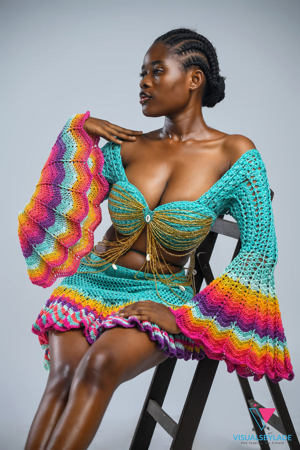 Aqua 'Damilola' beaded crochet set  (Top and Skort only)